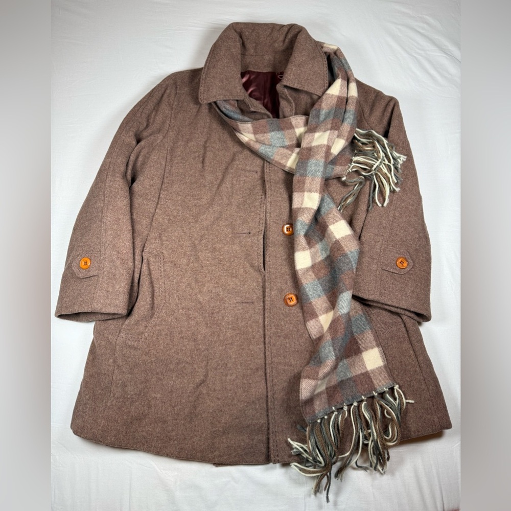 Union Made Brown Pea Coat with Plaid Scarf